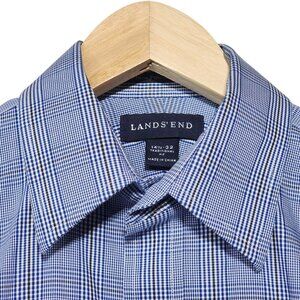 Lands End Men Blue Gingham Check Dress Shirt 14.5 32 Traditional Fit 100% Cotton